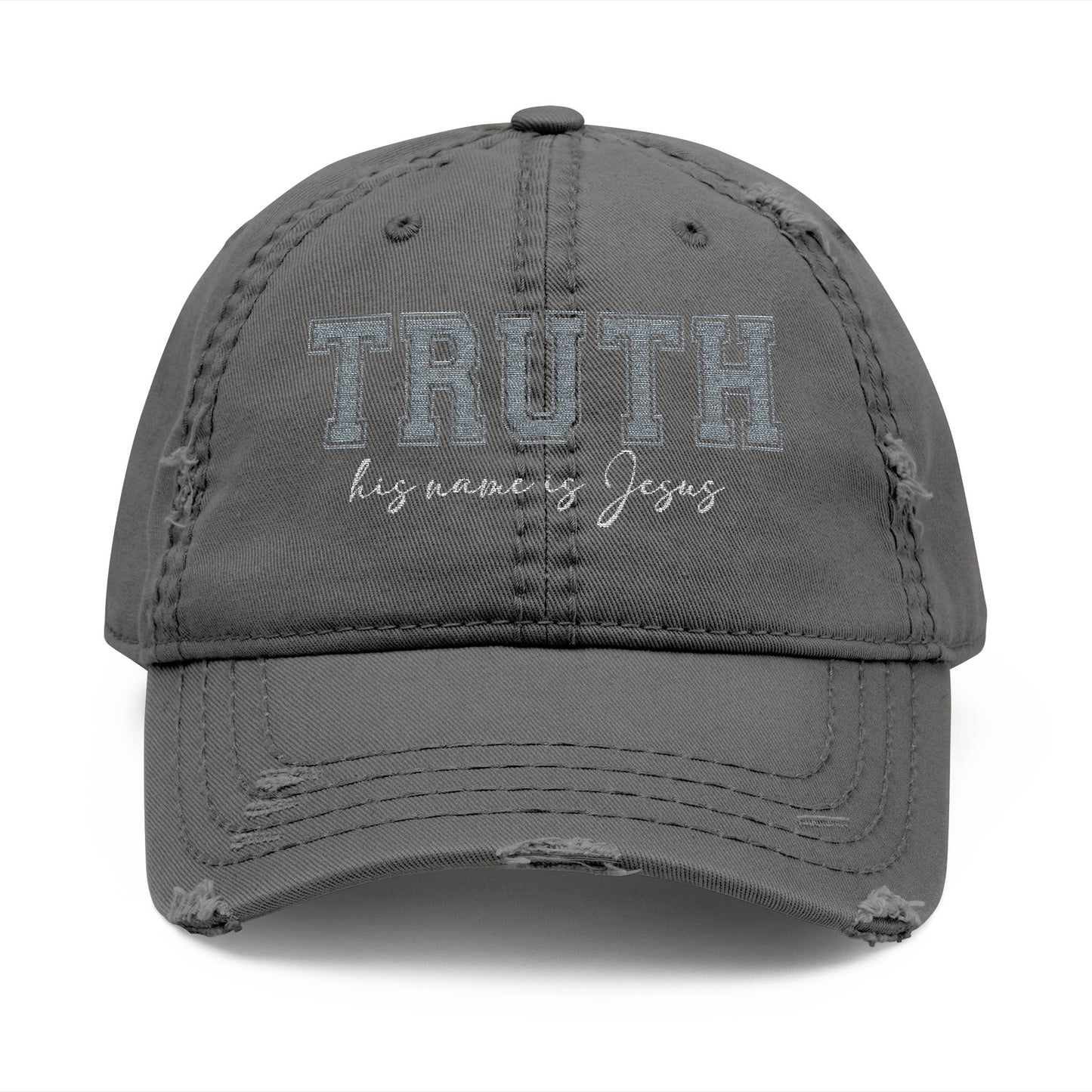 Casual Distressed Hat with 'Truth—His Name is Jesus' Embroidery